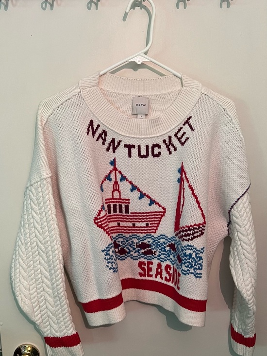 Maeve Sweaters - Maeve Nantucket Seaside Cable-Knit Pullover Sweater - White/Red/Blue